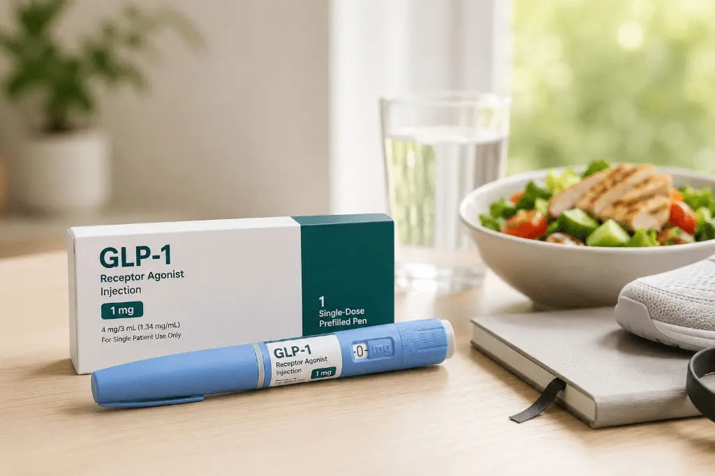 A GLP-1 receptor agonist injection pen and box beside a healthy salad and water, illustrating GLP-1 medications for obesity and weight management.