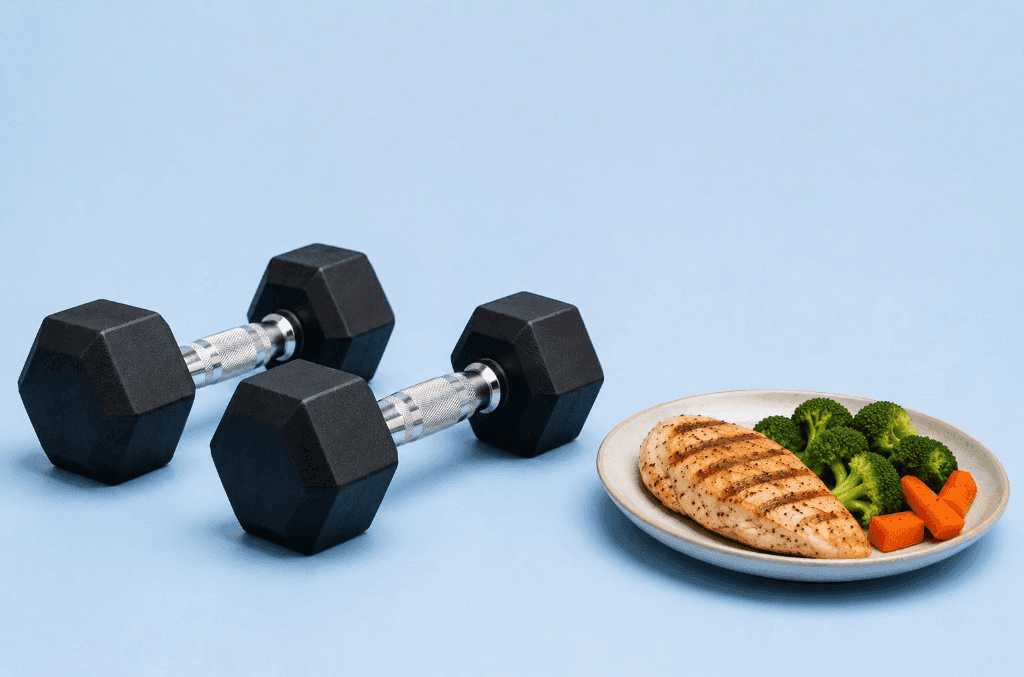 Dumbbells beside a plate with grilled chicken and vegetables on a light blue background, illustrating resistance training and whole-food protein.